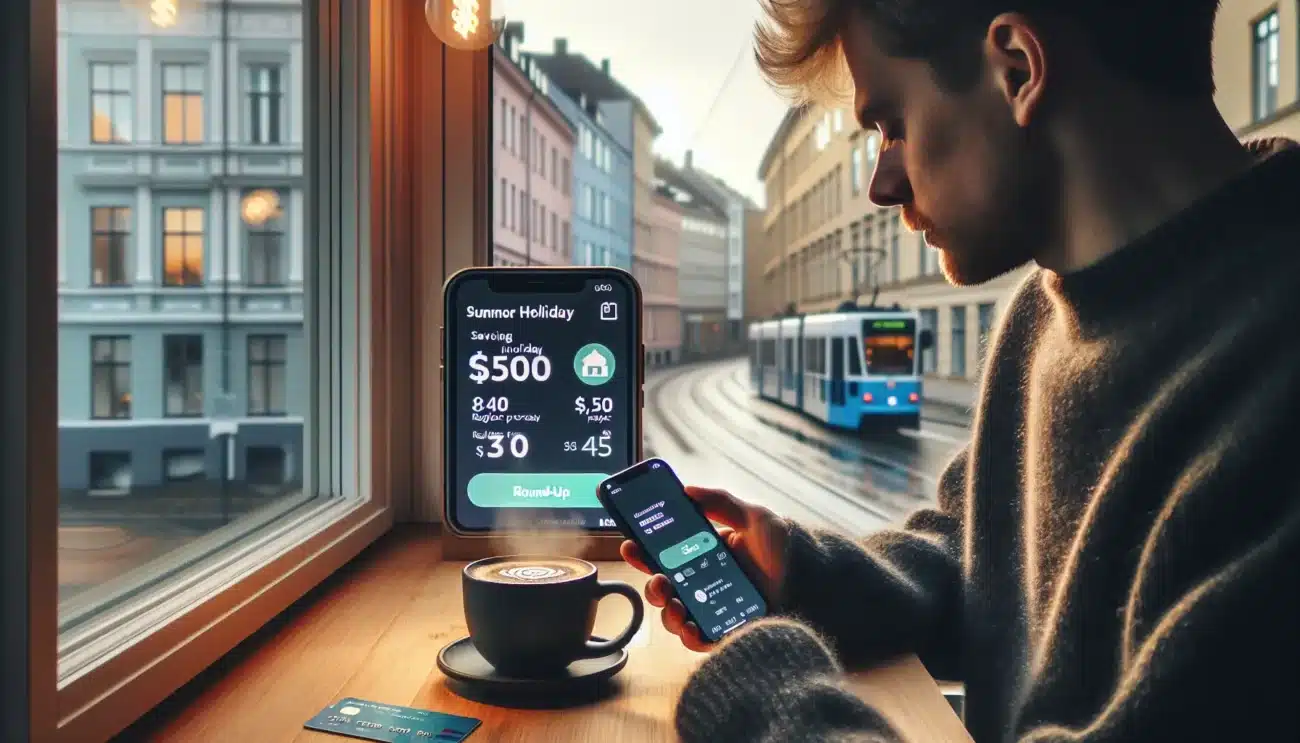 Norwegian checking a micro savings app with round up goal at a kitchen table