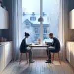 Norwegian couple budgeting an emergency fund at a kitchen table in winter