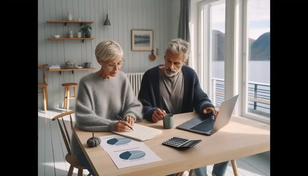 Norwegian couple planning retirement budget at home by a bright fjord window