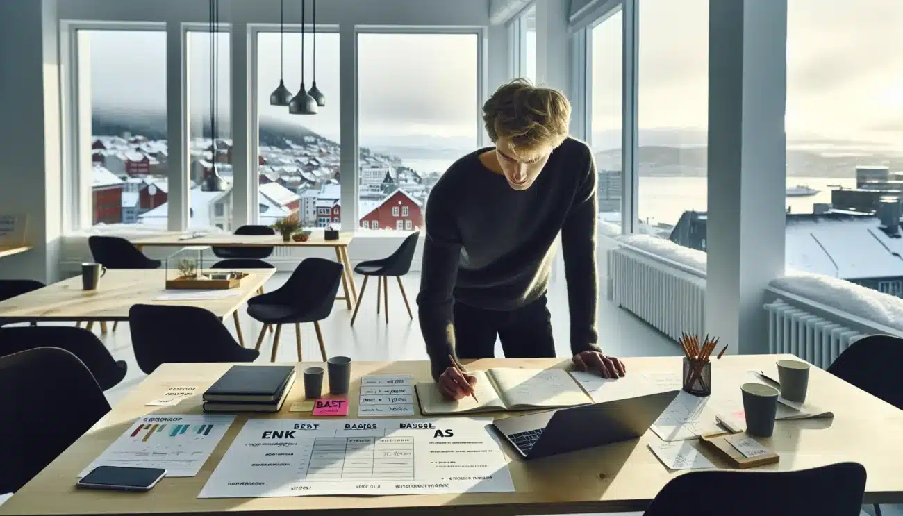 Norwegian founder planning startup finances with spreadsheets charts and cash flow notes