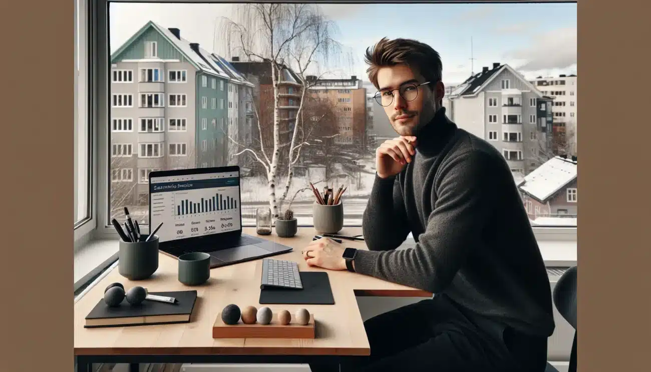Norwegian freelancer calmly organizing finances with labeled accounts at home office