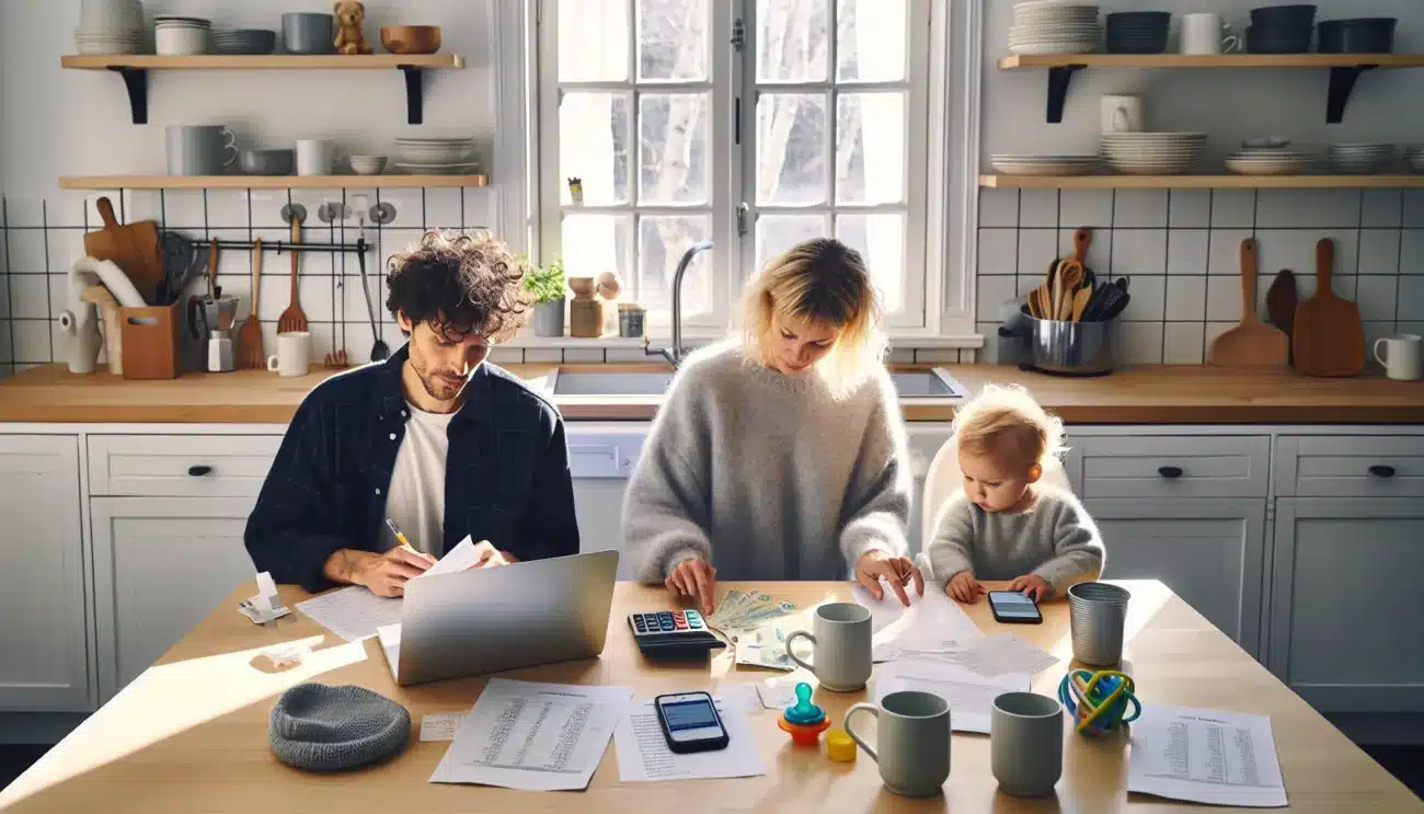 Norwegian parents budget at kitchen table while toddler draws in high chair