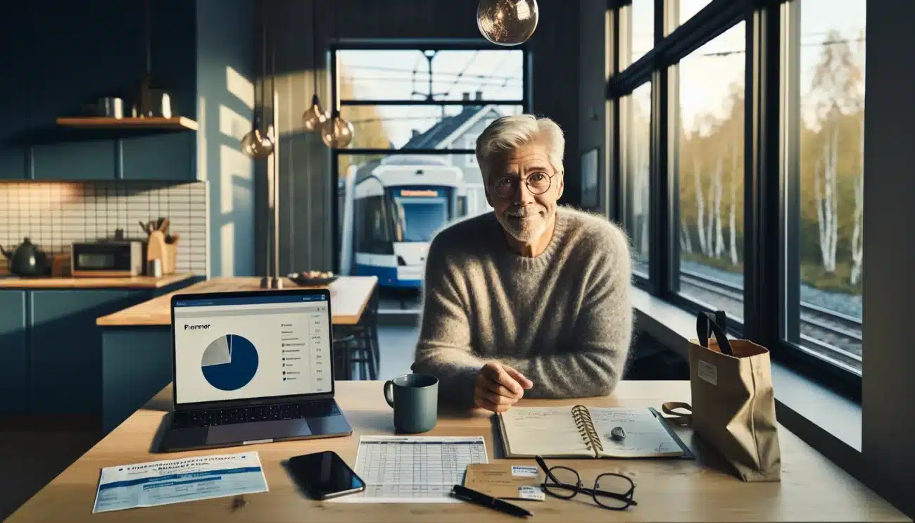 Norwegian pensioner budgeting at a cozy home with coffee and tablet