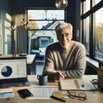 Norwegian pensioner budgeting at a cozy home with coffee and tablet