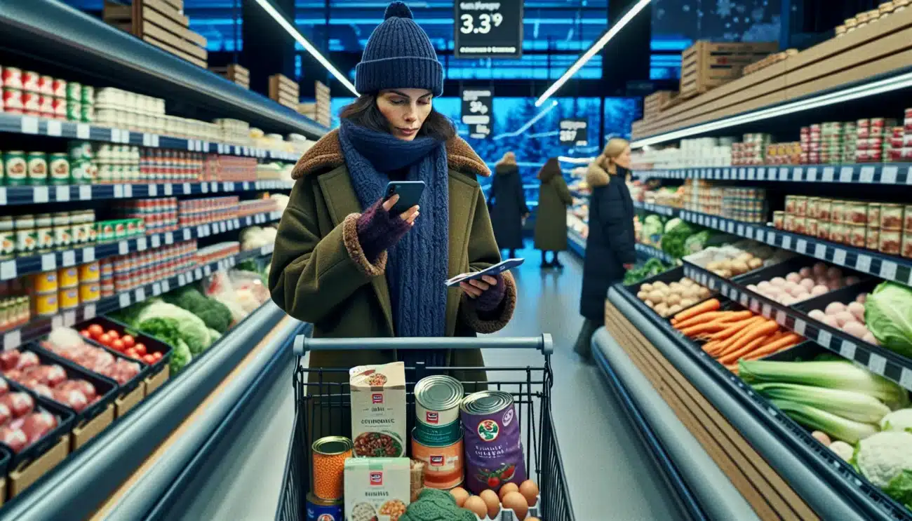 Norwegian shopper compares unit prices with a list in a supermarket