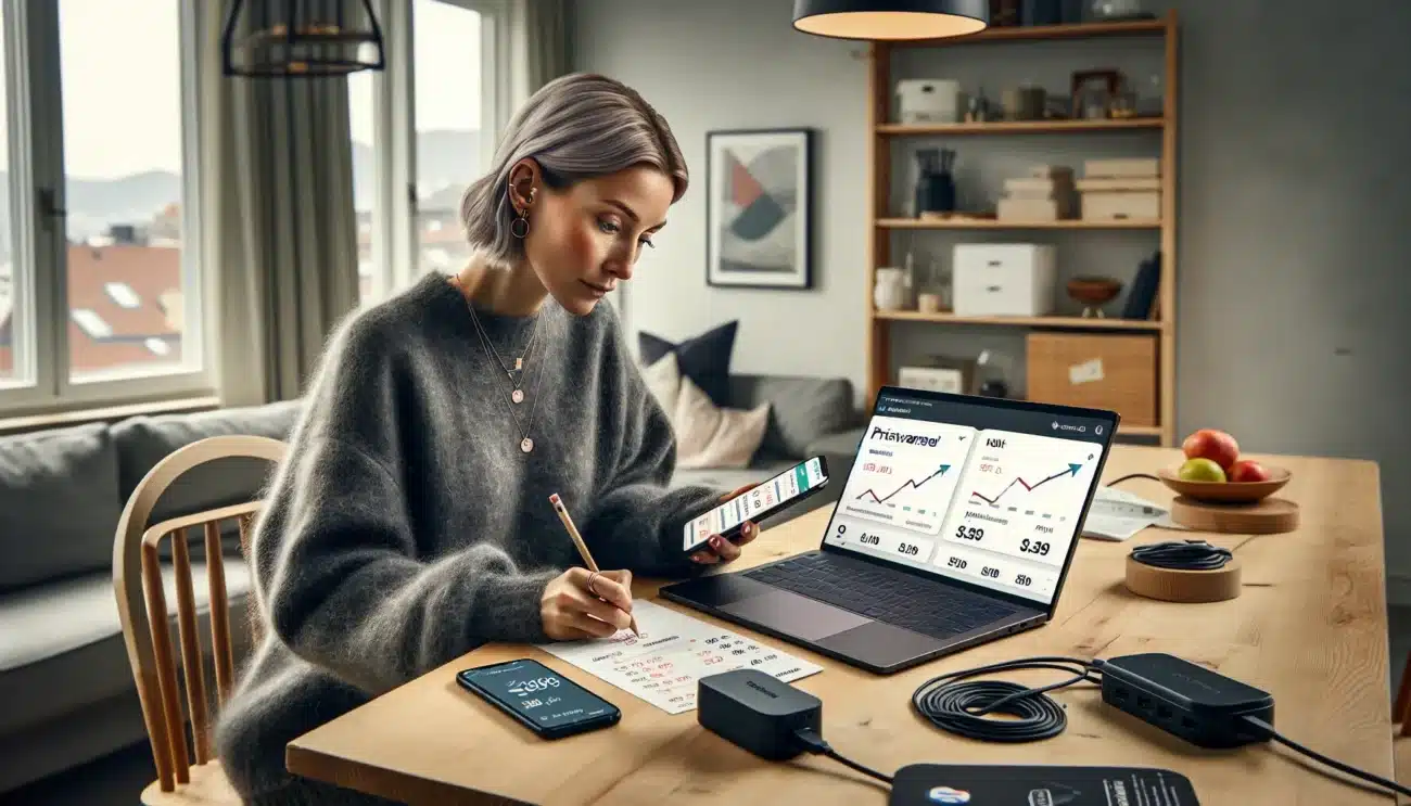 Norwegian woman compares tech prices with alerts and refurbished gadgets at home