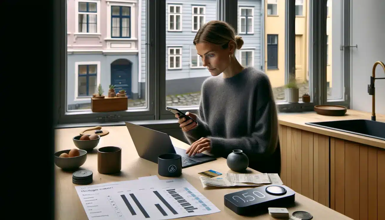 Norwegian woman using budgeting app and laptop dashboard to reduce expenses