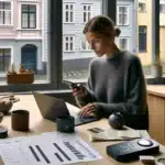Norwegian woman using budgeting app and laptop dashboard to reduce expenses