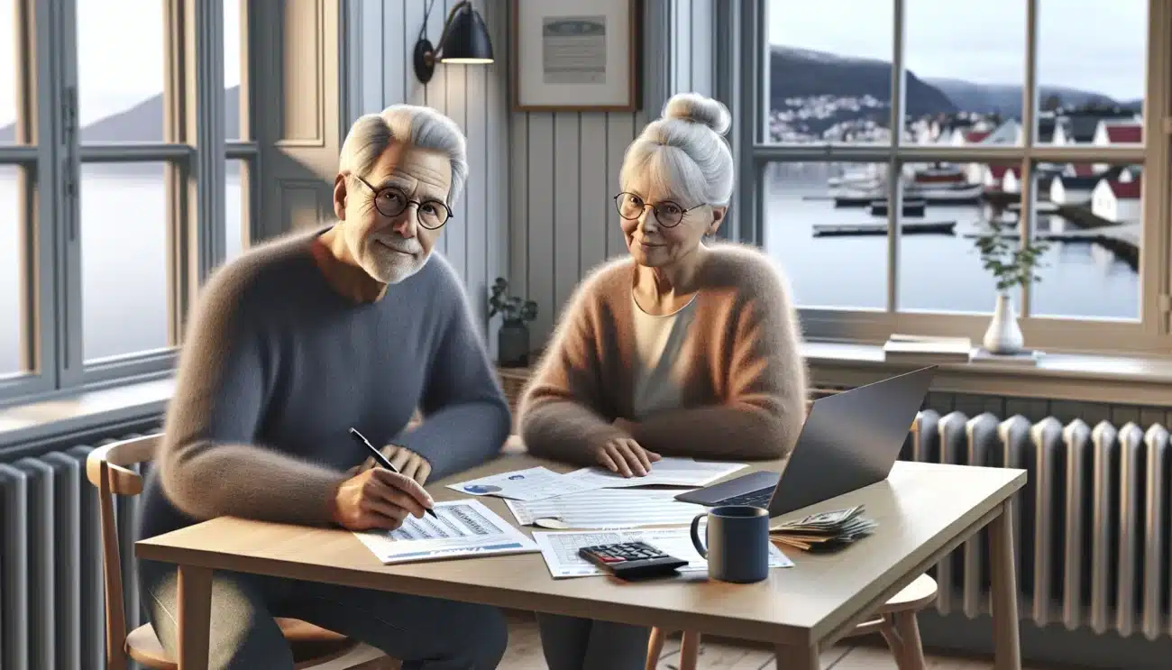 Elderly norwegian couple reviewing bills and budget at a dining table at home