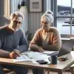 Elderly norwegian couple reviewing bills and budget at a dining table at home