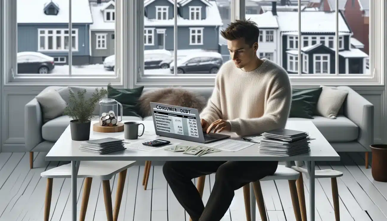 Norsk person ved kj kkenbord planlegger budsjett og nedbetaling av forbruksgjeld