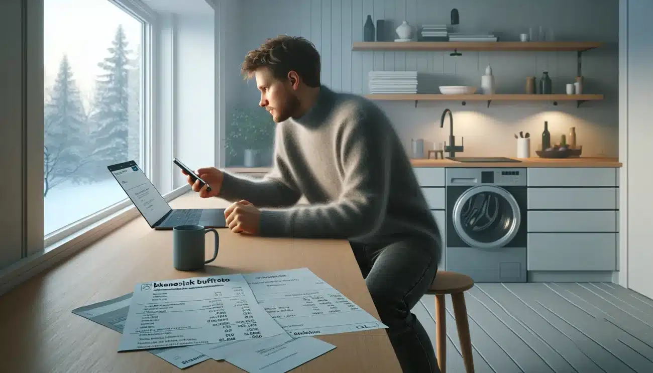 Norwegian adult planning an emergency savings buffer at a kitchen table with bills
