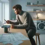 Norwegian adult planning an emergency savings buffer at a kitchen table with bills