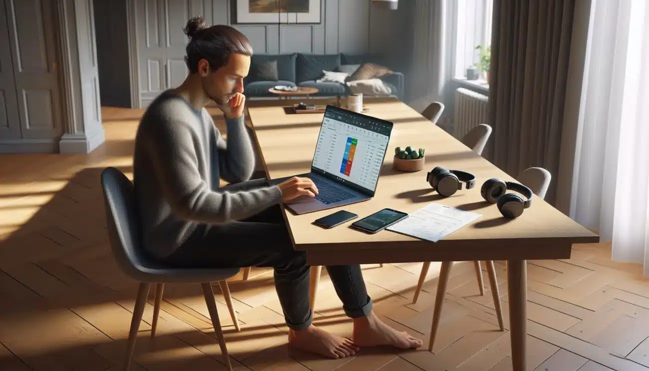 Norwegian adult planning tech budget at home with gadgets on a scandinavian table