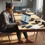 Norwegian adult planning tech budget at home with gadgets on a scandinavian table