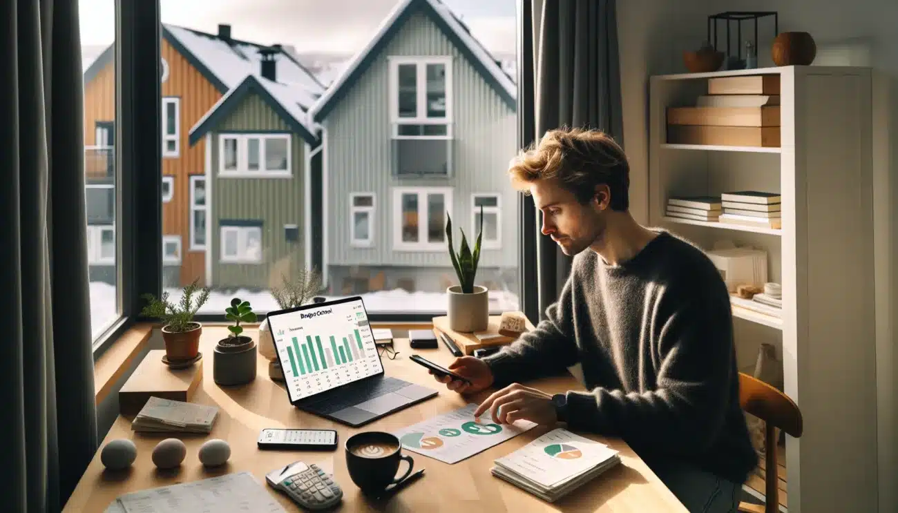 Norwegian adult using laptop and phone apps for digital budget control at home