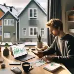 Norwegian adult using laptop and phone apps for digital budget control at home