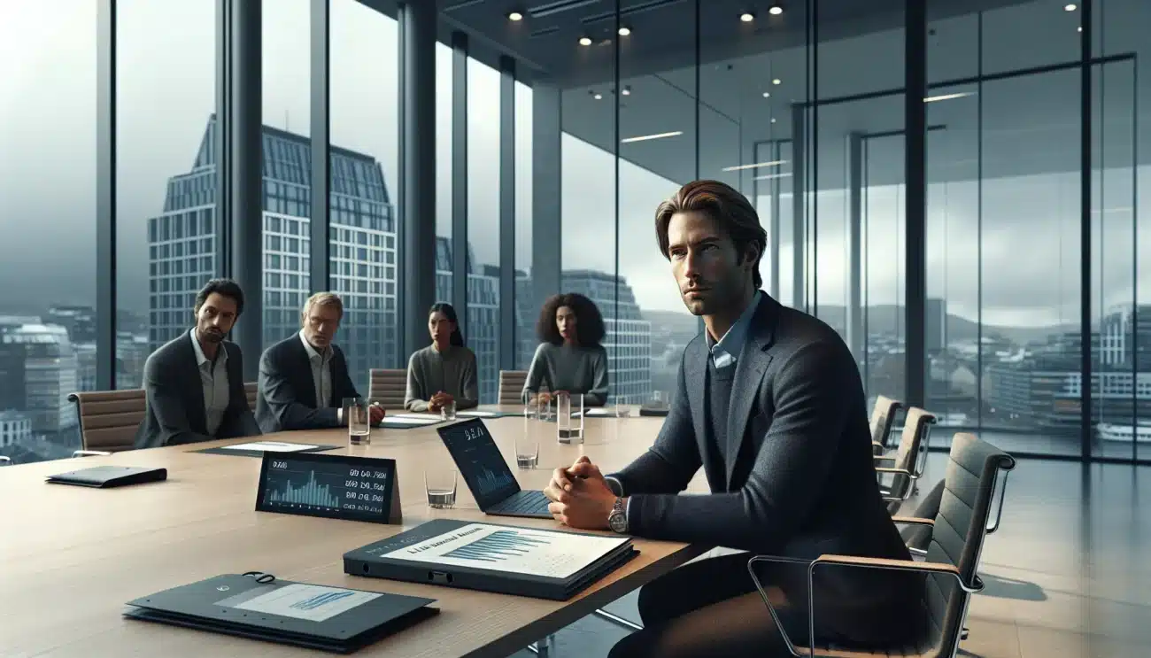 Norwegian business team reviewing financial scenarios and cash flow to handle economic uncertainty