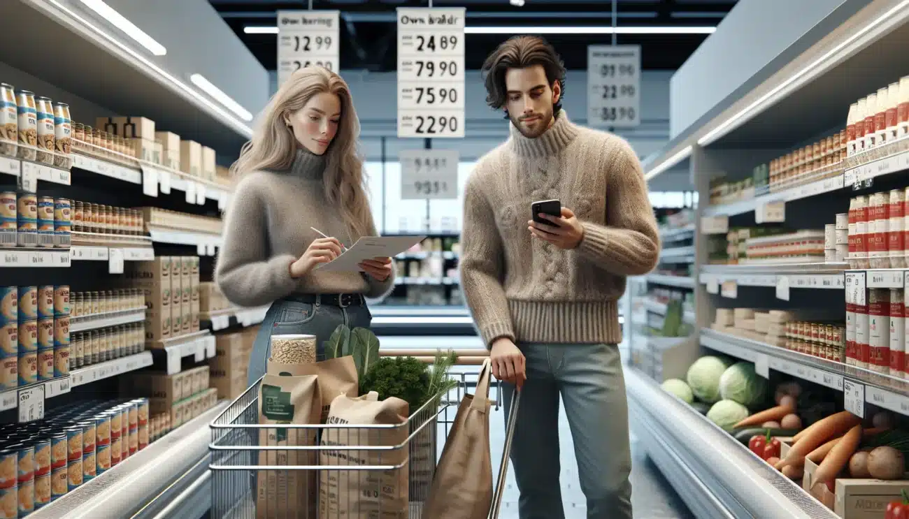 Norwegian couple compares prices with a shopping list in a grocery store