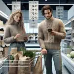 Norwegian couple compares prices with a shopping list in a grocery store