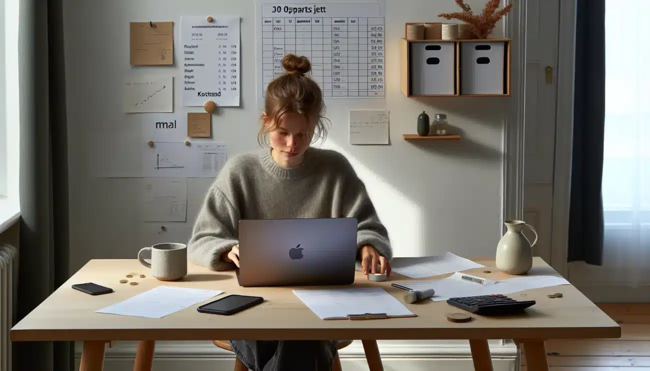Norwegian entrepreneur planning low budget startup finances at a simple home office desk
