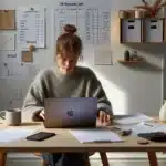 Norwegian entrepreneur planning low budget startup finances at a simple home office desk