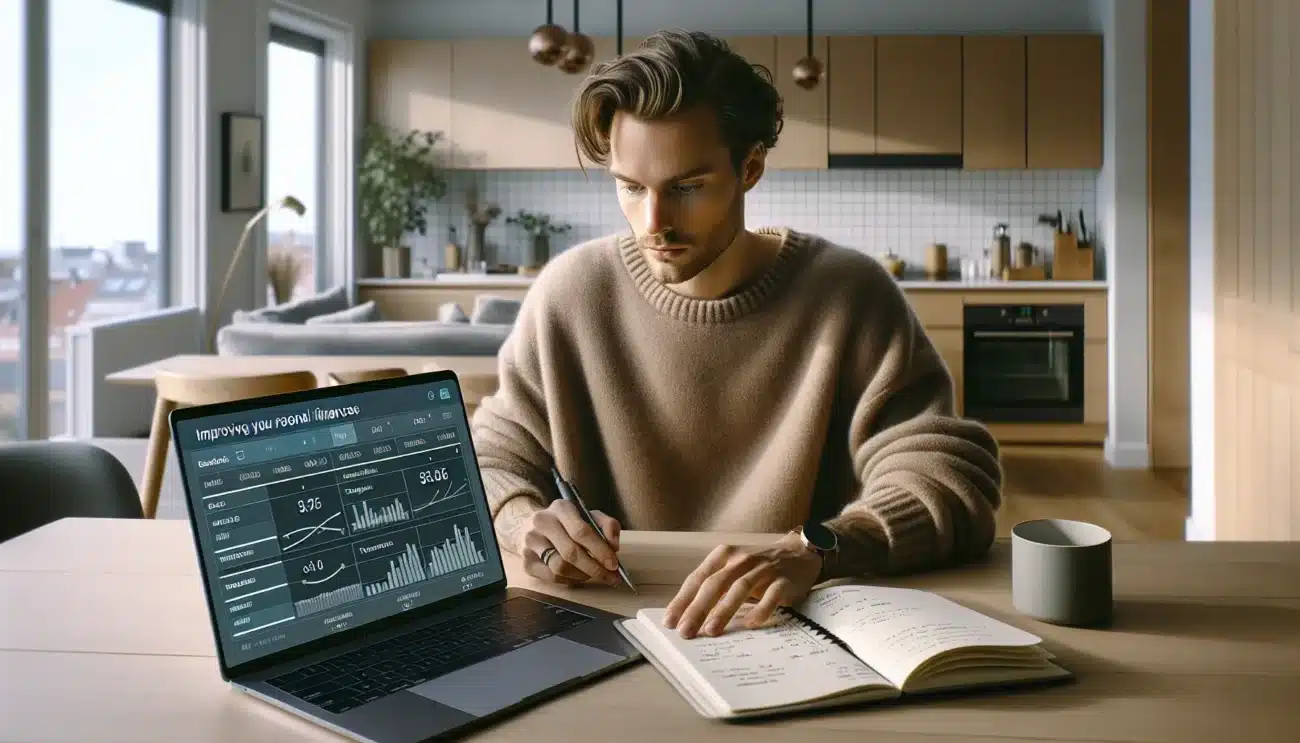 Young norwegian adult using ai finance app on laptop to manage personal economy