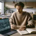 Young norwegian adult using ai finance app on laptop to manage personal economy