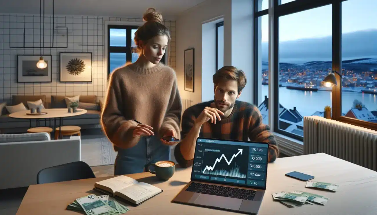 Young norwegian couple reviewing small monthly investments growing on laptop and phone