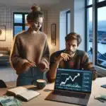 Young norwegian couple reviewing small monthly investments growing on laptop and phone