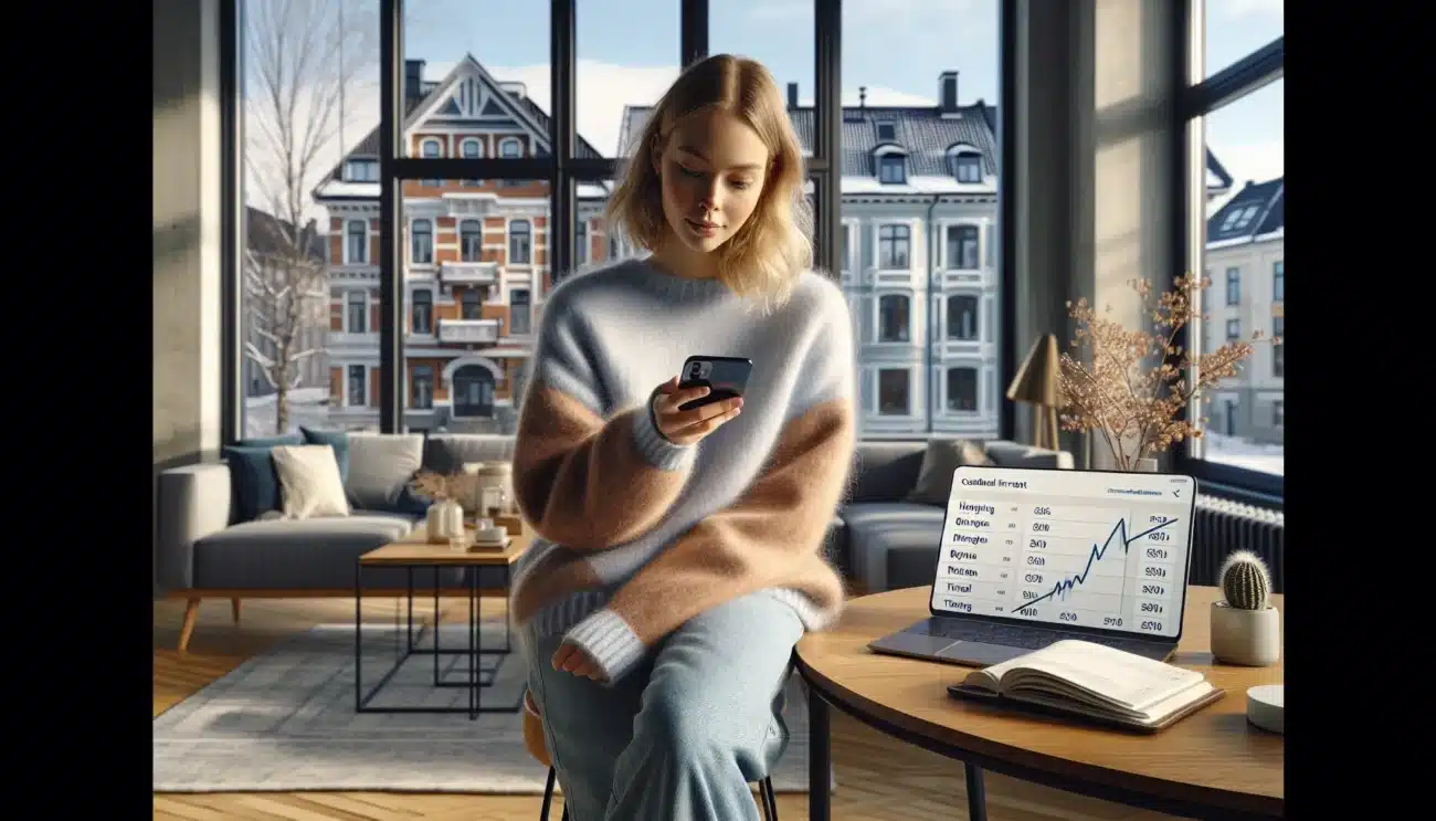 Young norwegian woman tracking small automatic savings toward big financial goals at home