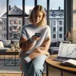 Young norwegian woman tracking small automatic savings toward big financial goals at home